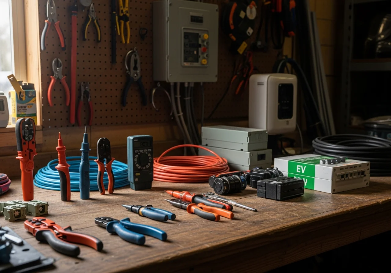 Electrician tools and equipment organized on a workbench, ready for residential and commercial electrical projects.