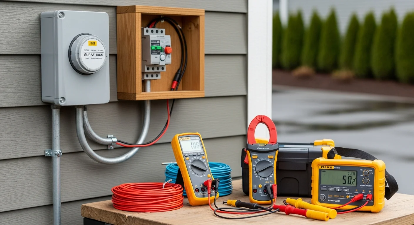 Electrician installing surge protector system in residential home