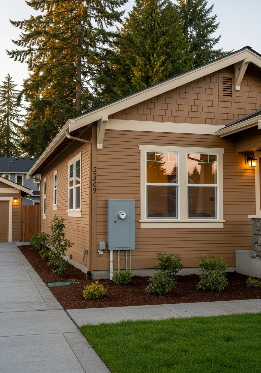 Close-up of a well-maintained home exterior in a Pierce County neighborhood with clear signage and professional landscaping.