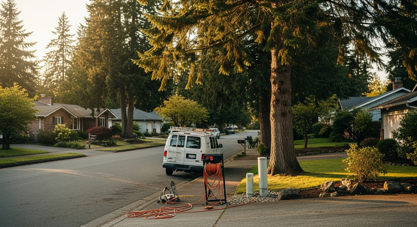 Residential street in Pierce County showing a mix of established homes and newer construction with mature trees lining the sidewalk.
