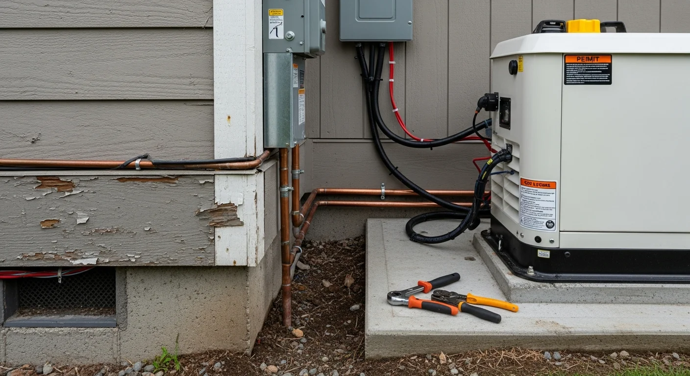 A licensed electrician from Magforce Electric connects a standby generator transfer switch to a residential electrical panel at a Pierce County, WA home. The generator unit sits on a concrete pad outside the house, with conduit and wiring routed along the exterior wall.