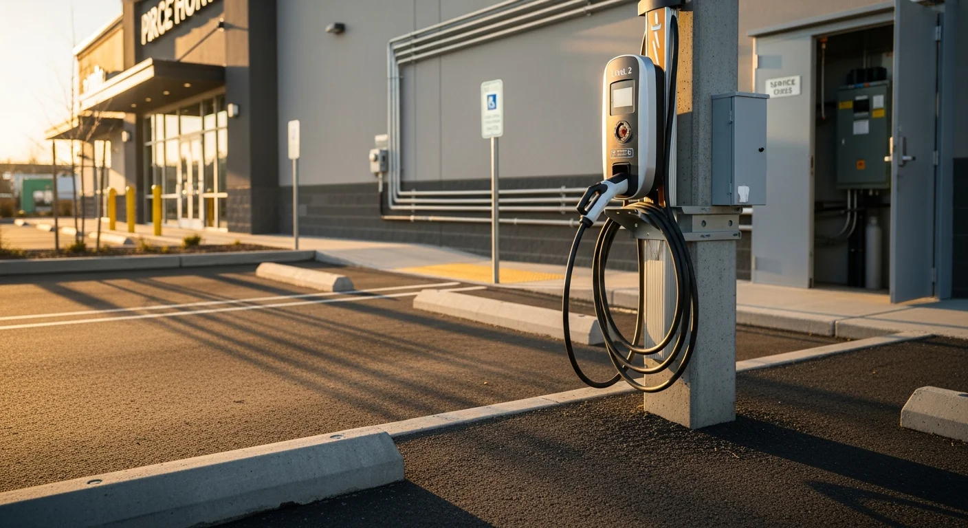 A licensed electrician from Magforce Electric wiring a commercial EV charging station in a Pierce County, WA business parking lot. Multiple Level 2 charging units mounted on a concrete pad with conduit running to a commercial electrical panel.