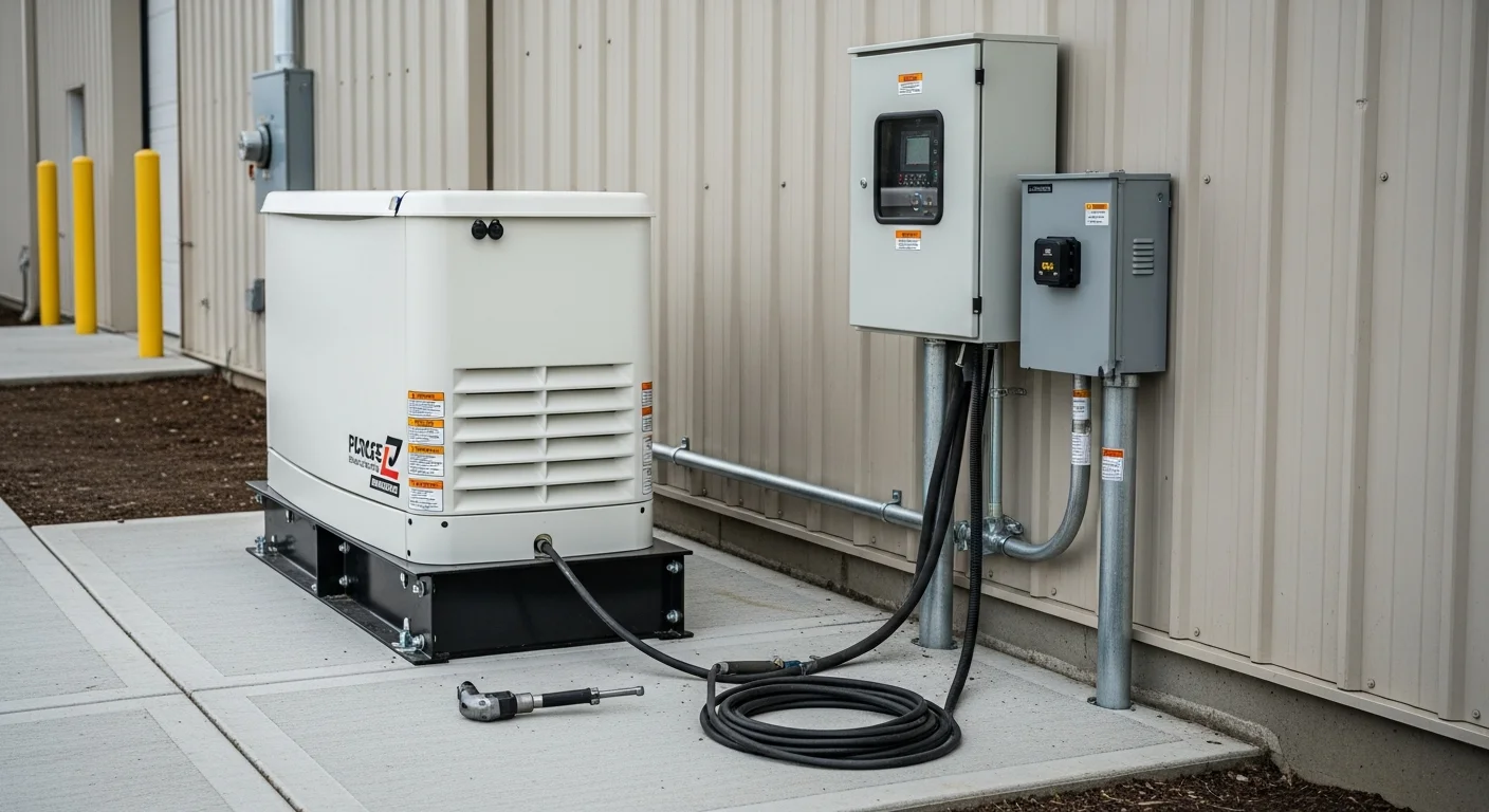 A licensed electrician from Magforce Electric connects a large commercial standby generator to a transfer switch panel on the exterior of a commercial building in Pierce County, WA. The generator sits on a concrete pad beside the building under overcast Pacific Northwest skies.