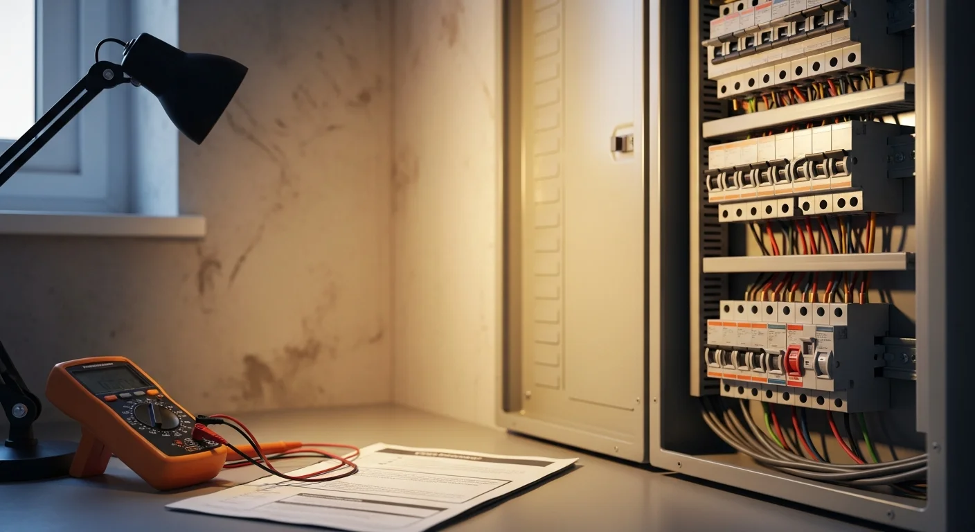 A licensed Magforce Electric electrician inspecting a residential electrical panel inside a Pierce County, WA home. The panel cover is removed, exposing circuit breakers and wiring being evaluated for code compliance.