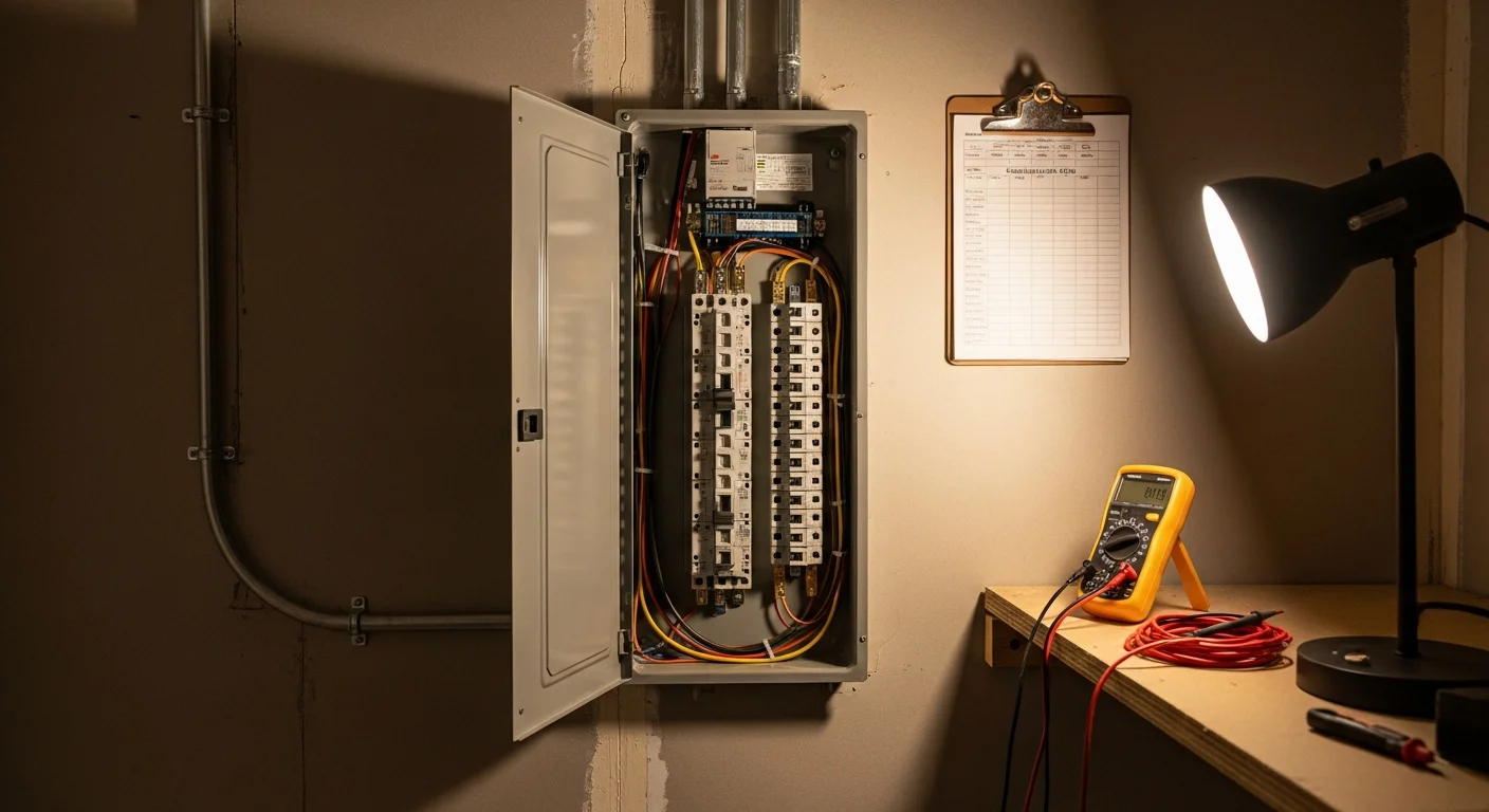A licensed Magforce Electric electrician installs a new residential electrical panel inside a Pierce County, WA home. The image shows a fully wired breaker box mounted on an interior wall with organized circuit breakers and labeled circuits.
