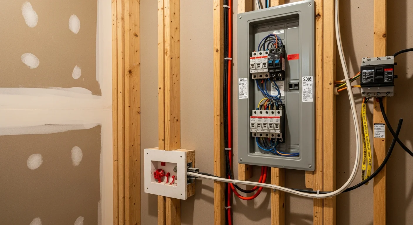 A licensed Magforce Electric electrician installing a new residential electrical panel inside a Pierce County, WA home. The image shows a modern breaker box mounted on an interior wall with neatly organized wiring and labeled circuit breakers.