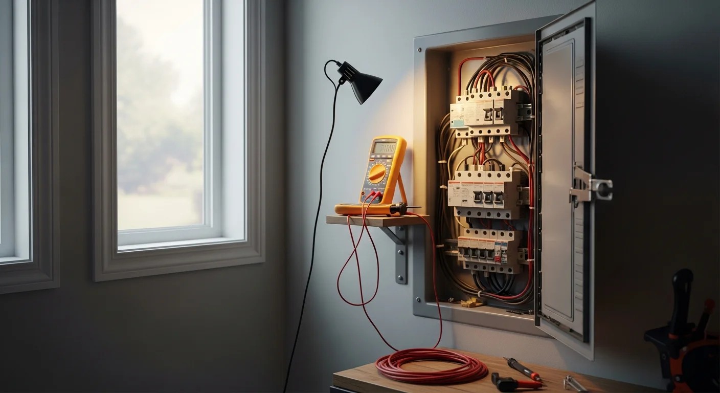 A licensed Magforce Electric electrician repairing a residential circuit breaker panel inside a Pierce County, WA home. The panel cover is open and the electrician is inspecting wiring connections with a diagnostic tool.