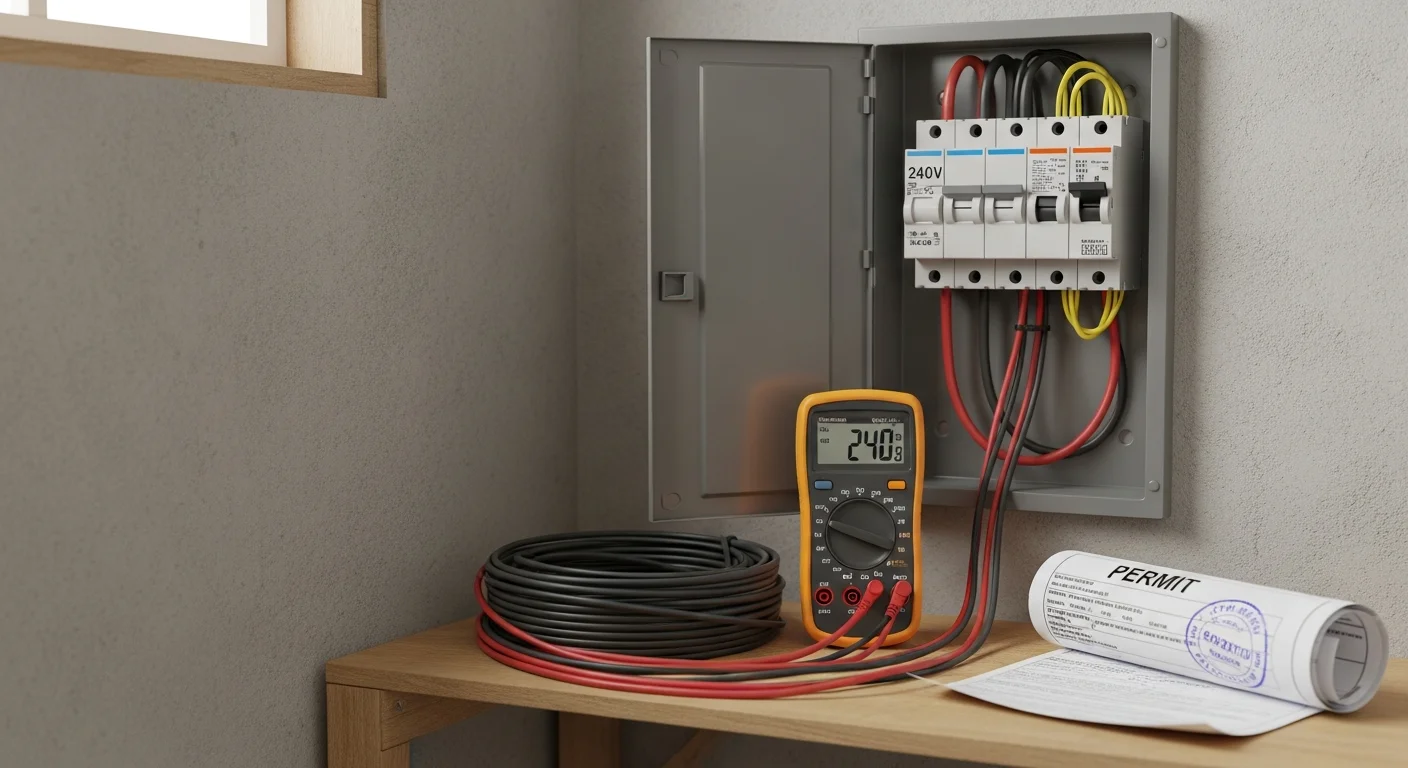 A licensed electrician from Magforce Electric mounts a 240V EV charging outlet on the interior wall of a residential garage in Pierce County, WA. Conduit runs neatly from the outlet up to the electrical panel in the background.