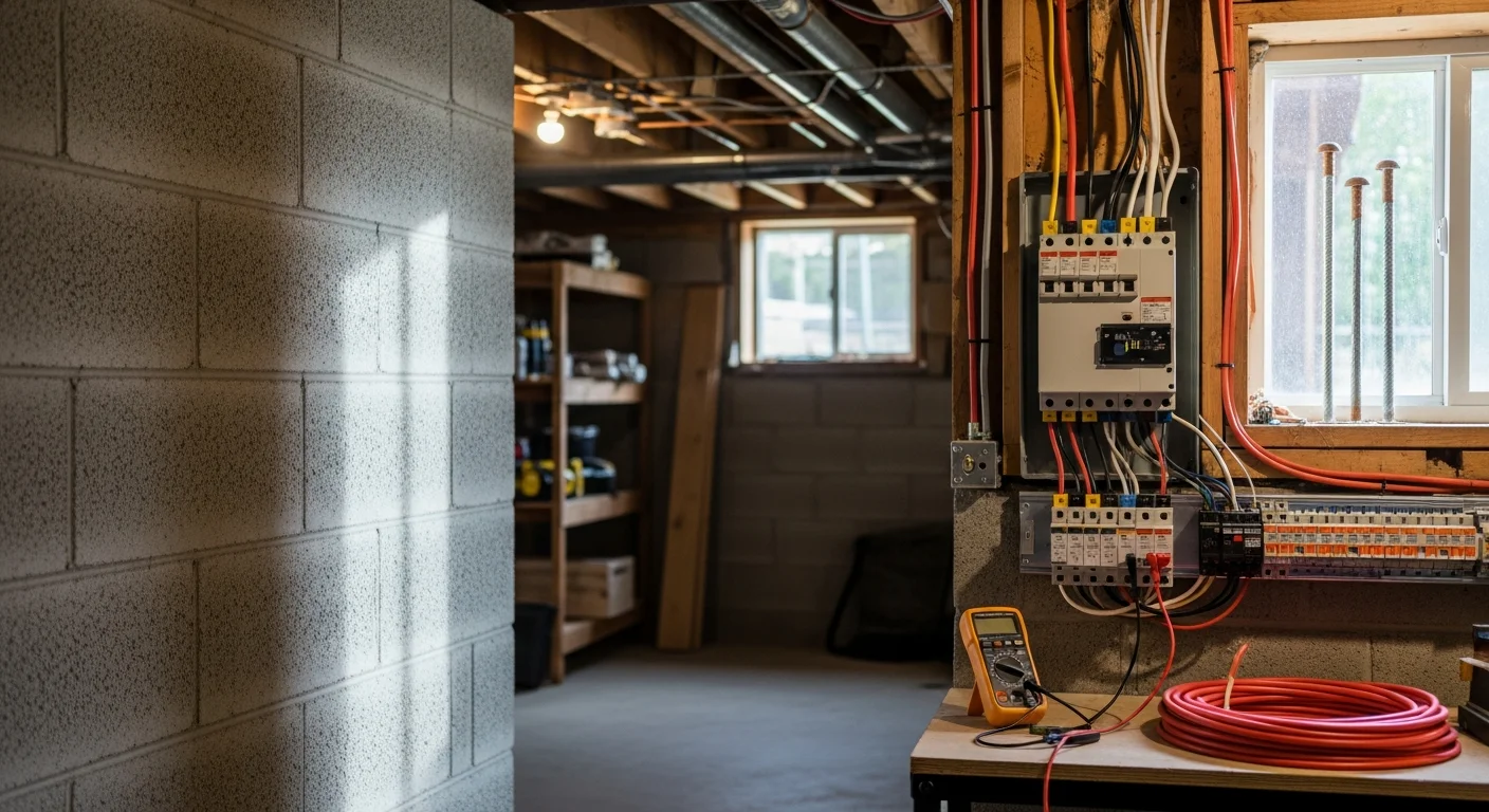 A licensed electrician from Magforce Electric wiring a transfer switch and panel connection for a standby generator at a Pierce County, WA residential property. The electrical conduit, grounding connections, and labeled circuit panel are visible in the completed installation.
