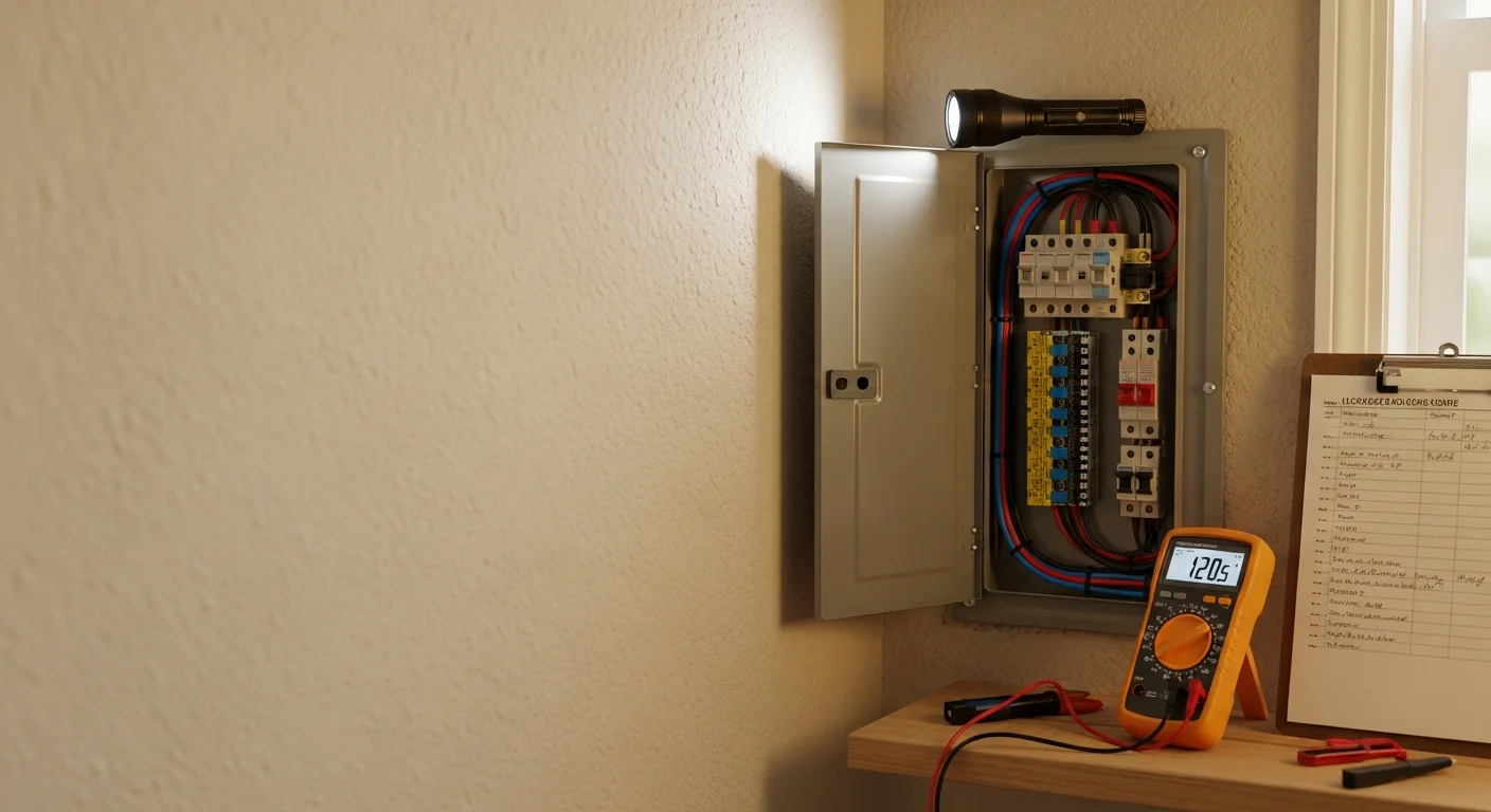 A licensed Magforce Electric electrician inspecting a residential electrical panel inside a Pierce County, WA home. The panel cover is open and the electrician is reviewing circuit breakers and wiring connections with a flashlight.