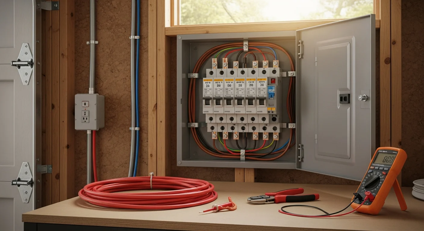 A licensed electrician installs a GFCI breaker and dedicated circuit panel for a backyard hot tub at a residential property in Pierce County, WA. The outdoor disconnect box is mounted on an exterior wall within sight of the spa installation site.