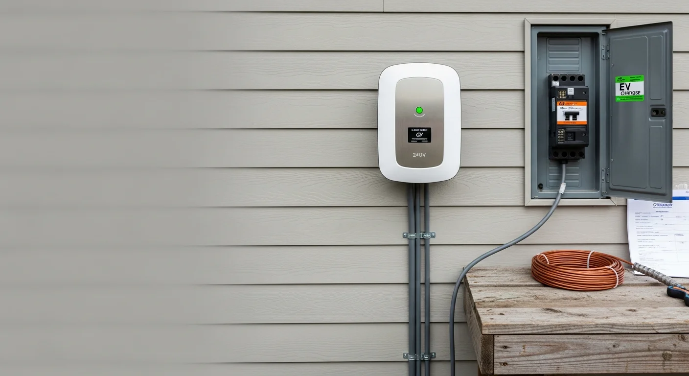 A Level 2 EV charger mounted on the exterior wall of a residential garage in Pierce County, WA, with a dedicated 240V circuit and weatherproof conduit running to the electrical panel. A licensed Magforce Electric electrician inspects the completed installation.