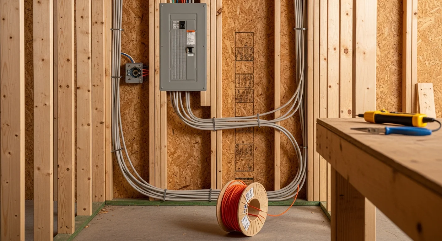 A licensed electrician from Magforce Electric running electrical wiring through wall studs during new home construction in Pierce County, WA. Rough-in wiring and an electrical panel box are visible in an unfinished wood-framed room.