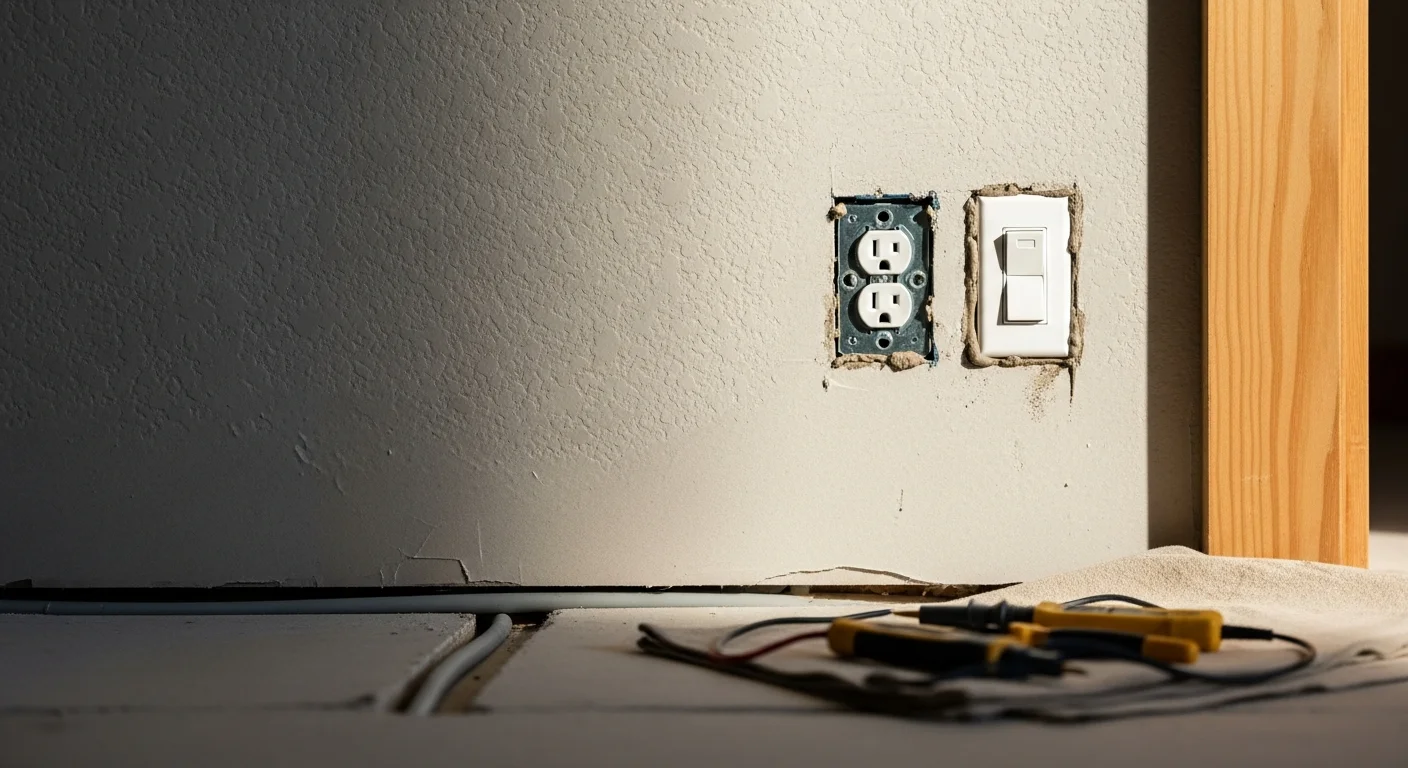 A licensed Magforce Electric electrician installing a new grounded outlet in a residential kitchen in Pierce County, WA. The finished outlet box is flush-mounted in a painted drywall wall with a clean white cover plate.