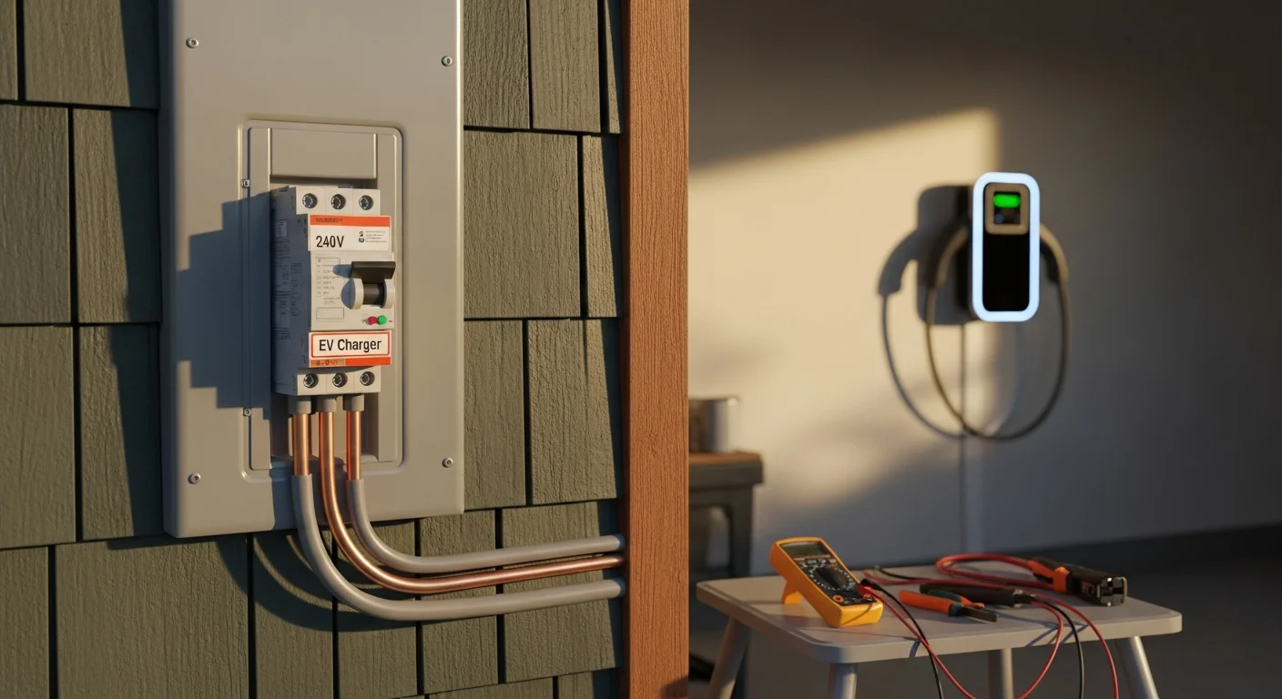 A Level 2 EV charger mounted on the interior wall of a residential garage in Pierce County, WA, with a dedicated circuit conduit running to the electrical panel. A plug-in electric vehicle is parked in the garage beside the installed unit.