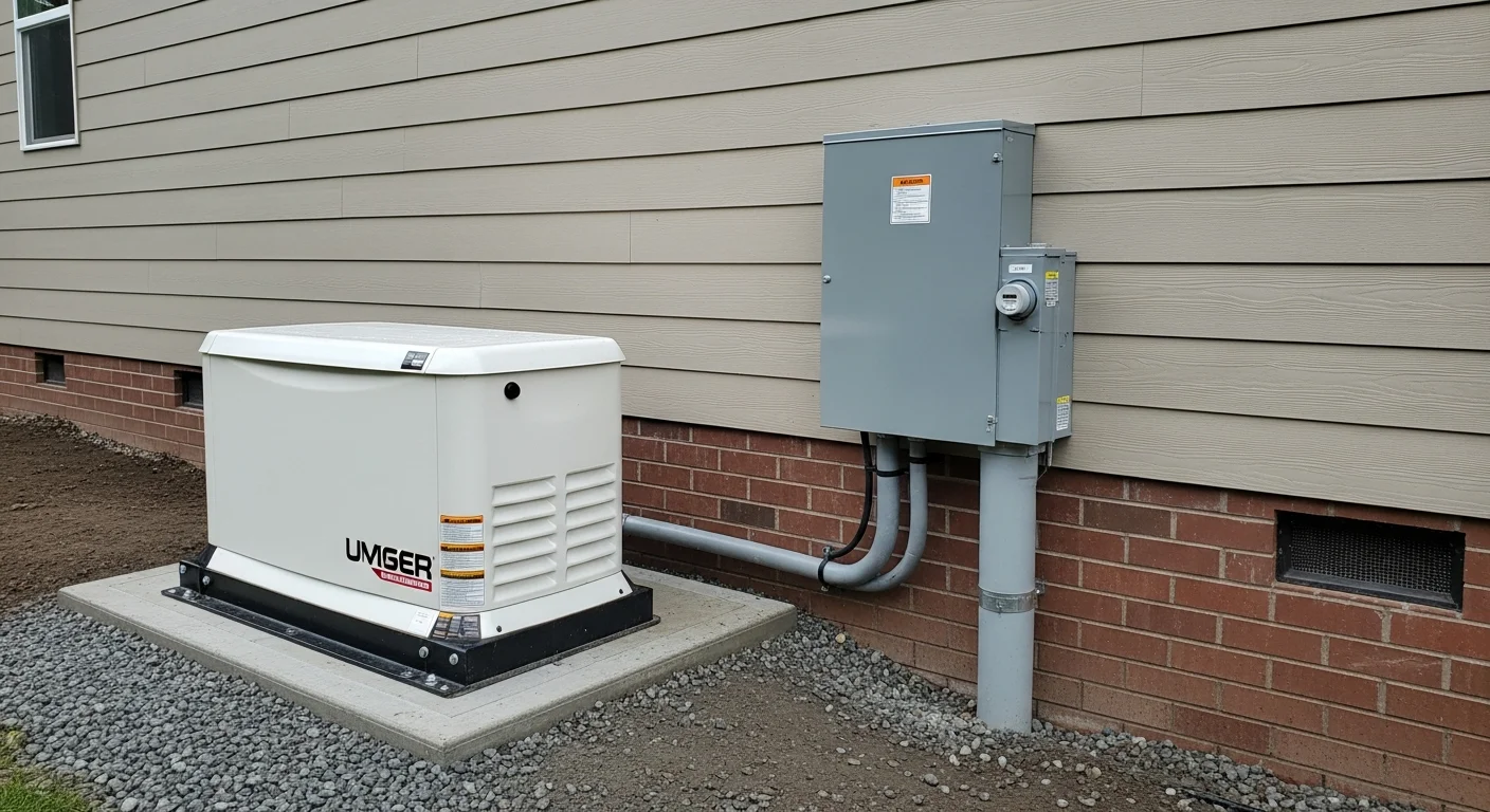 A licensed Magforce Electric electrician connects a standby generator to a residential transfer switch panel at a single-family home in Pierce County, WA. The generator unit is mounted on a concrete pad beside the house with conduit running along the exterior wall to the main electrical panel.