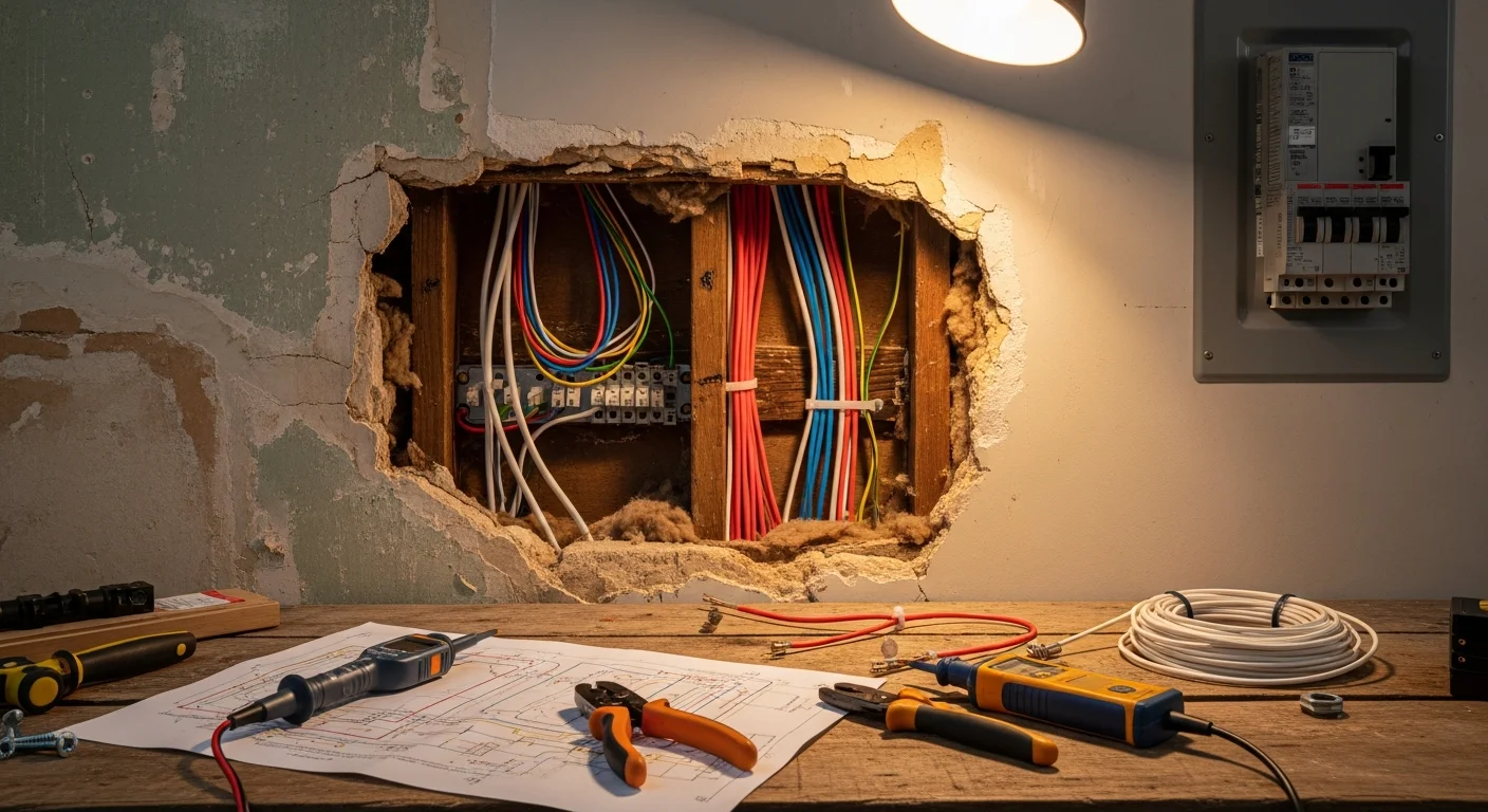 A licensed Magforce Electric electrician running new copper wiring through an open wall cavity in a Pierce County, WA home. Freshly installed grounded outlets and labeled circuit breakers are visible in the foreground.
