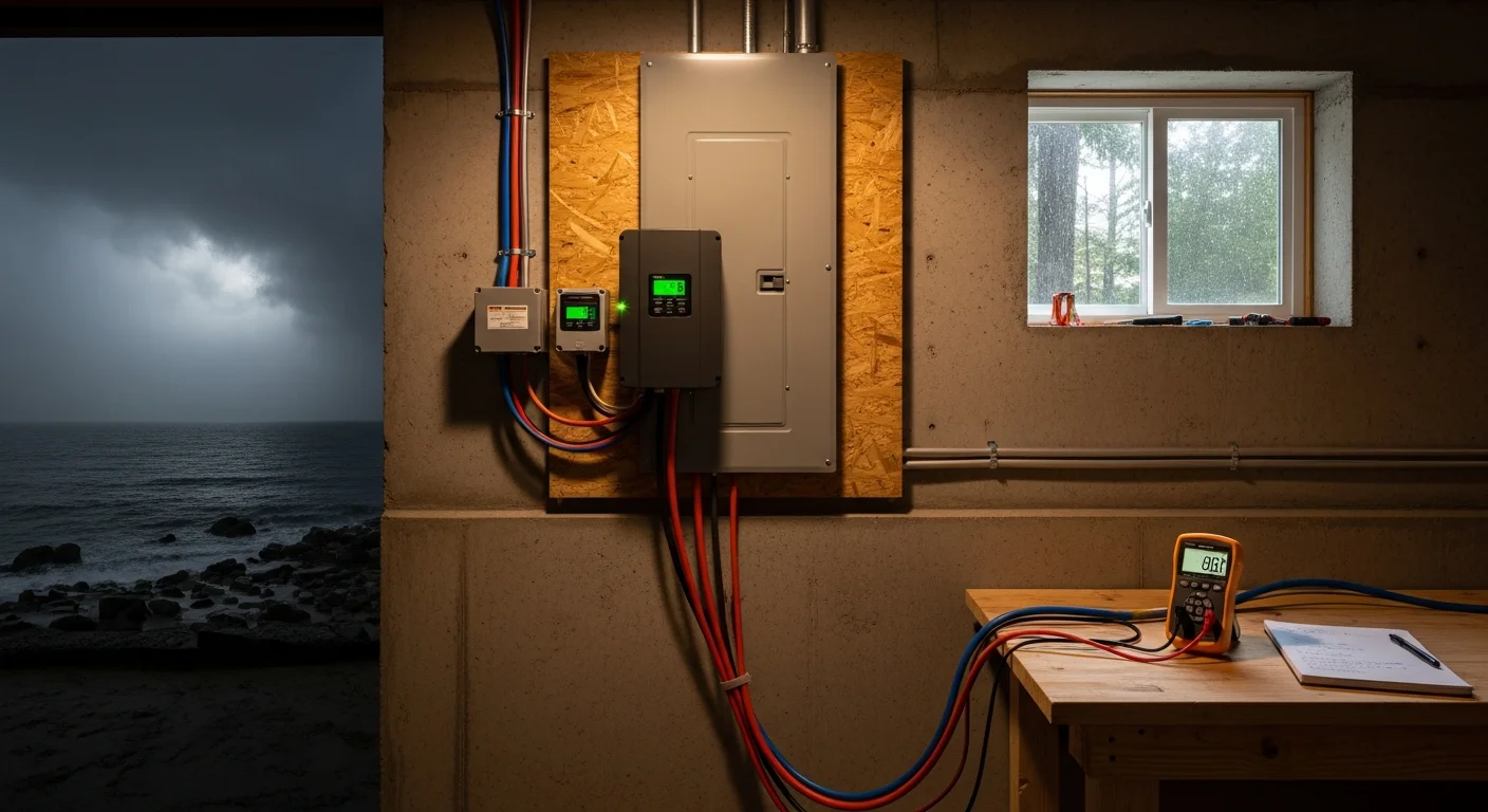 A licensed electrician from Magforce Electric installing a whole home surge protection device at a residential electrical panel in Pierce County, WA. The panel is open and the surge protection unit is mounted and wired to the main breaker section.